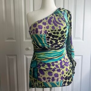Women's Wet Seal Multi Animal Print and Colored Mini One Shoulder Dress